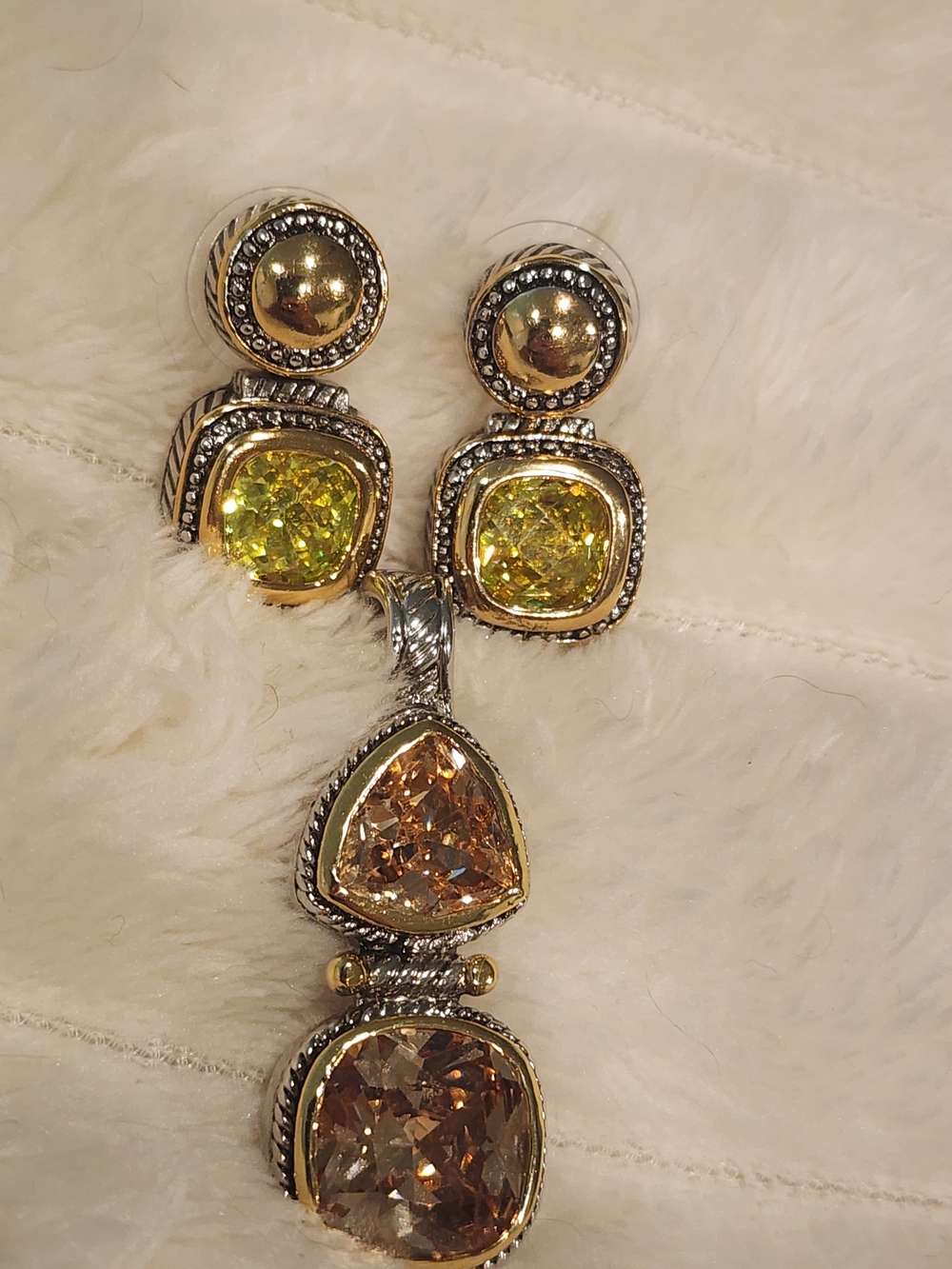 Two Tone Crystal Statement Earrings & Pendant Set Gold Silver Tone